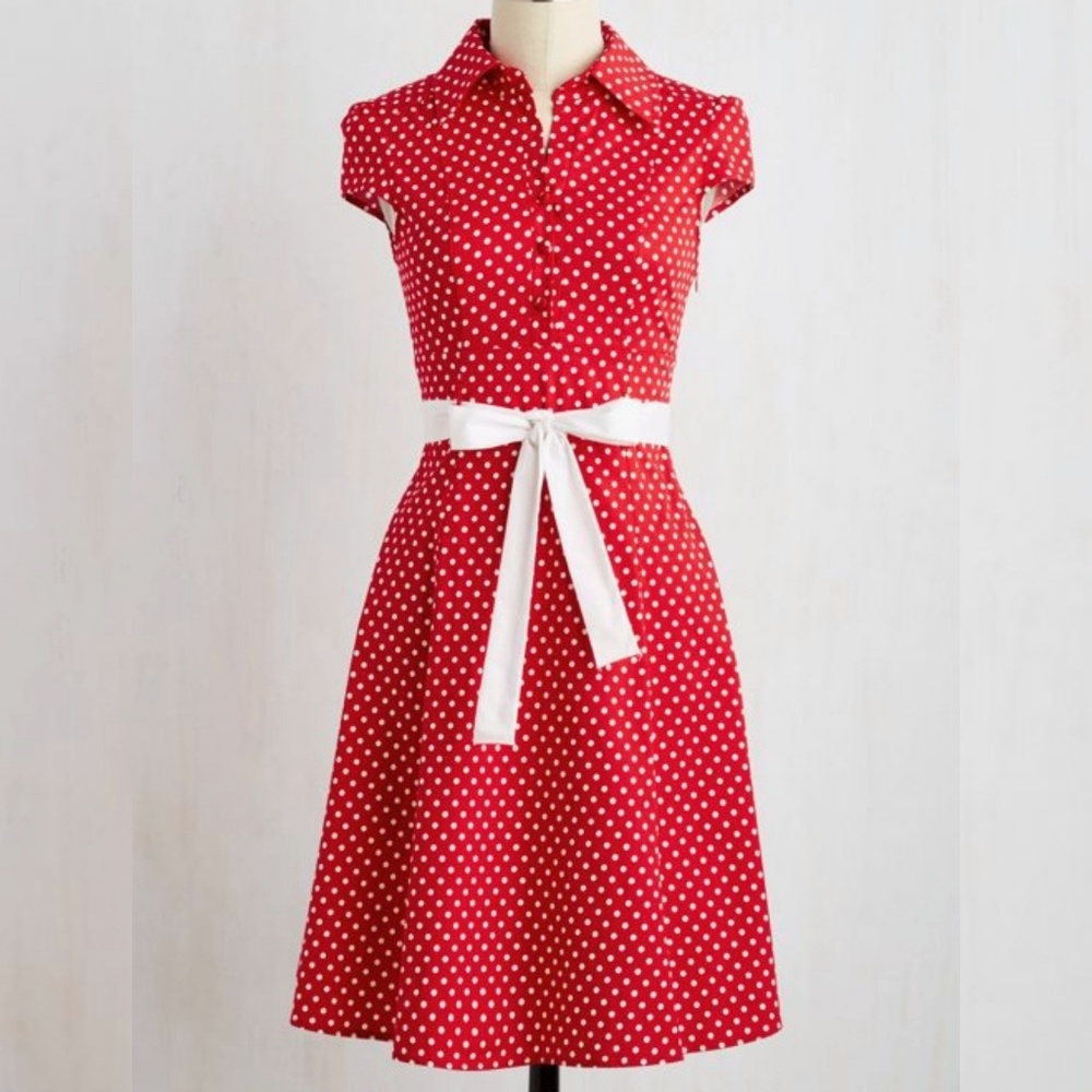 Modcloth Red Polka Dot Ribbon Tie Belt Dress